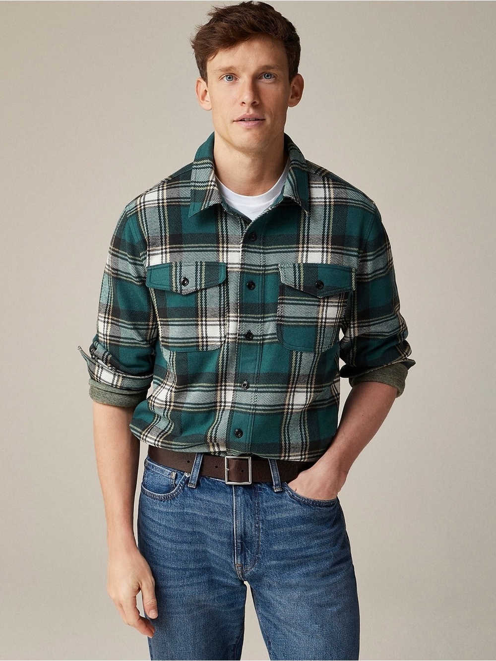 J. Crew Seaboard soft-knit shirt in Green and Black Knit Button-Up Medium